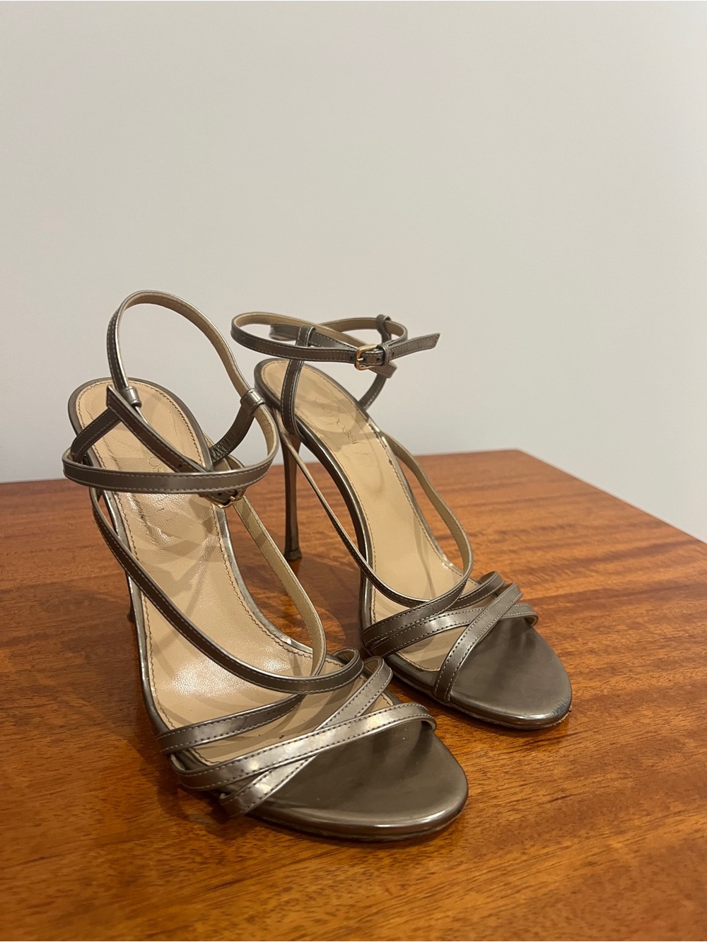Sergio Rossi Metallic Strappy High Heel Sandals - Taupe